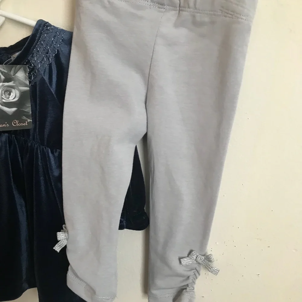 Baby Girl Blue Velvet Silver Bow Dress Set